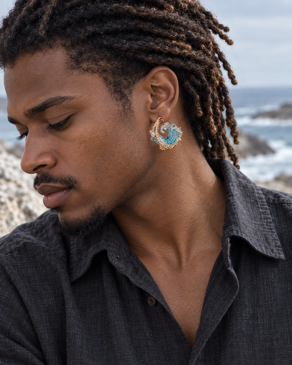 Ocean State Earrings - male close-up