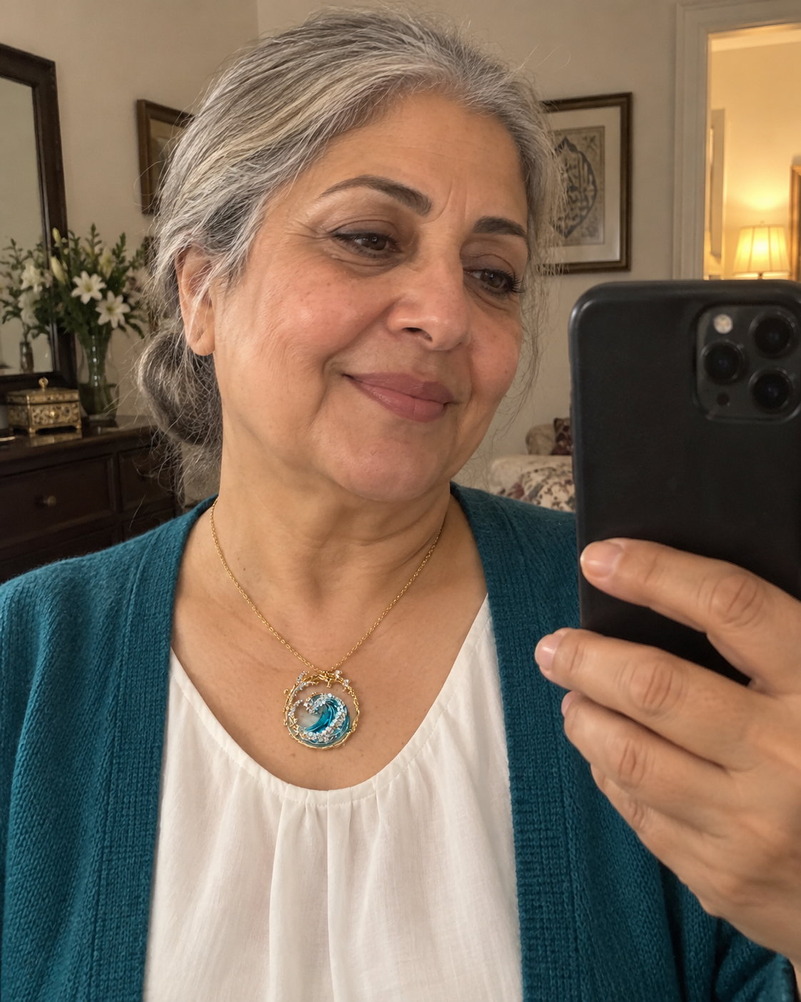 Customer-style photo wearing Ocean State Necklace